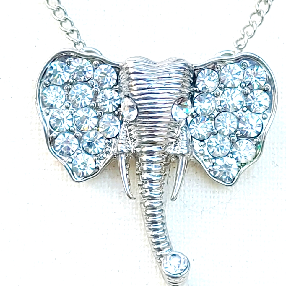 Silver Tone Rhinestone Elephant Pendant Necklace.